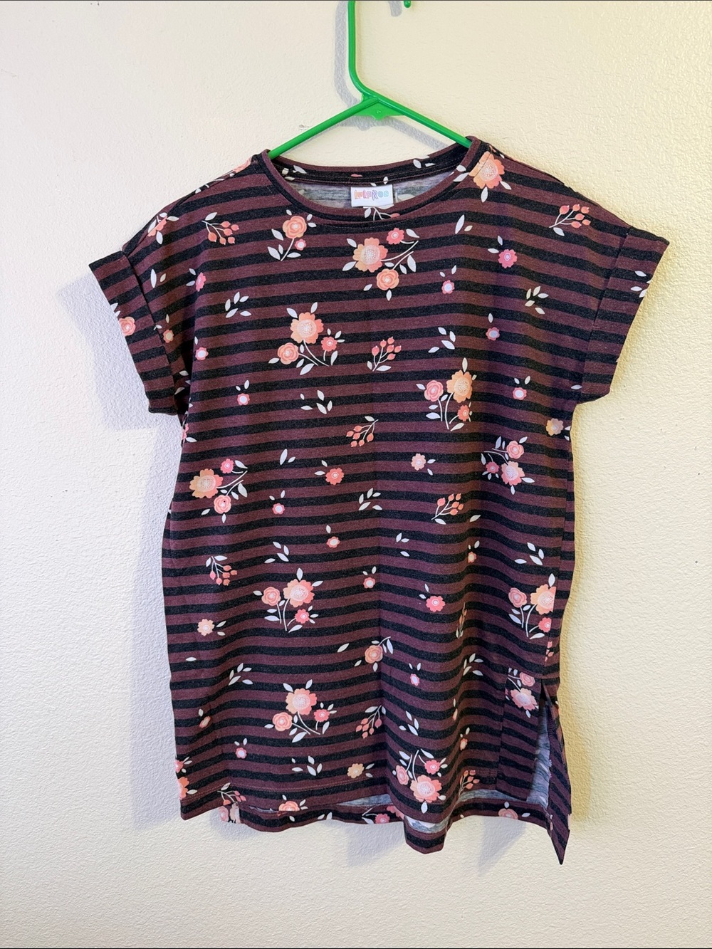 LuLaRoe Black and Pink Striped Floral Tee